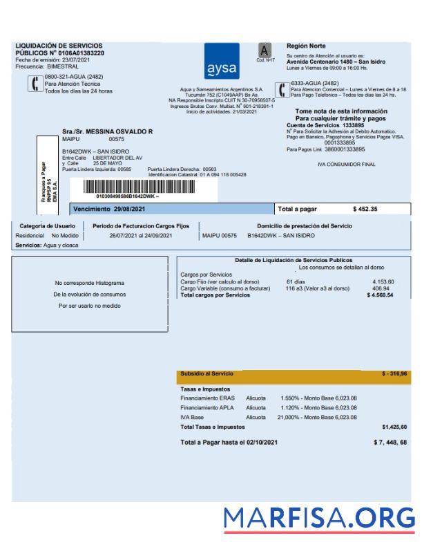 Blank Argentina water utility bill template Aysa in Word and PDF format (.doc and .pdf)